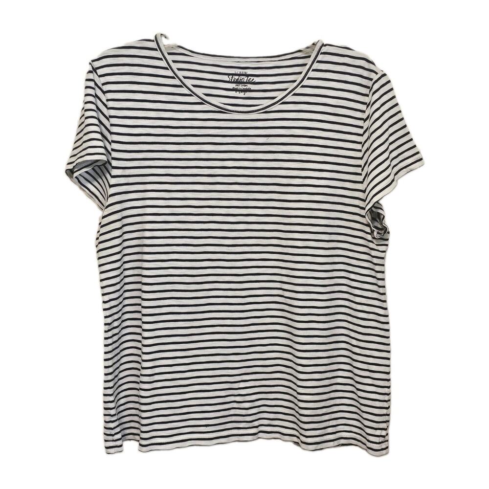 J. Crew Studio Tee Shirt Womens XL Black White Striped Crew Neck Short Sleeve...